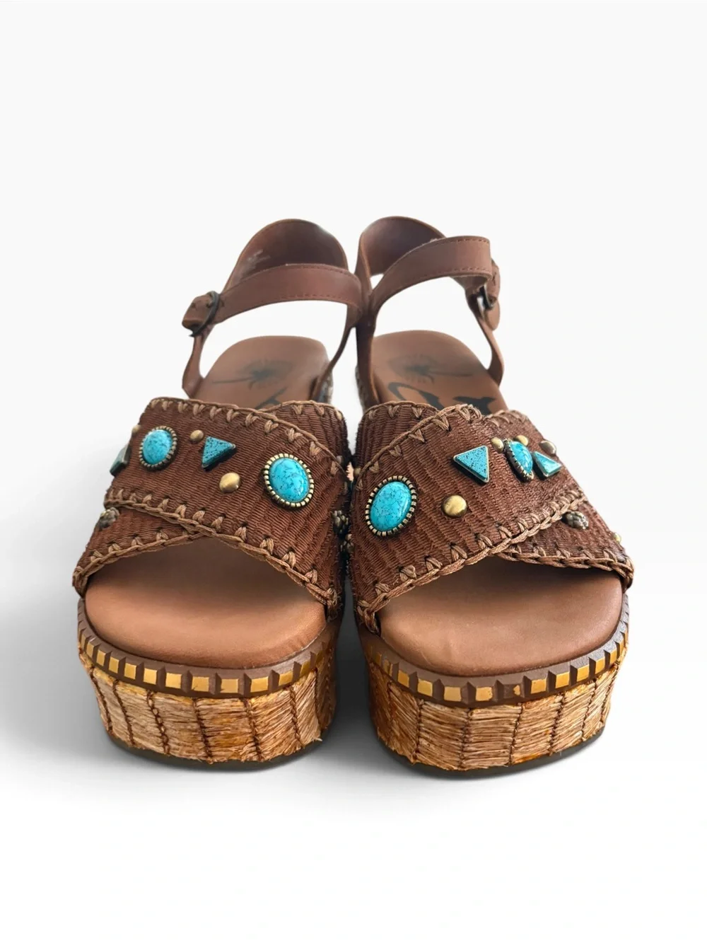 OTBT Cahoot Turquoise Stone Studded Woven Platform Wedge Sandals Sz 7.5